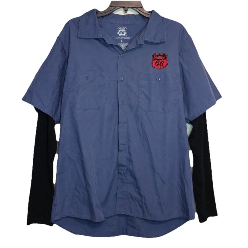 vintage Phillips 66 Mechanic Shirt Men's‎ Size L Racing Every Friday Night Blue
